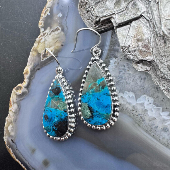 Sterling Southwestern Style Teardrop Shattuckite Dangle Earrings For Women - Picture 4 of 10